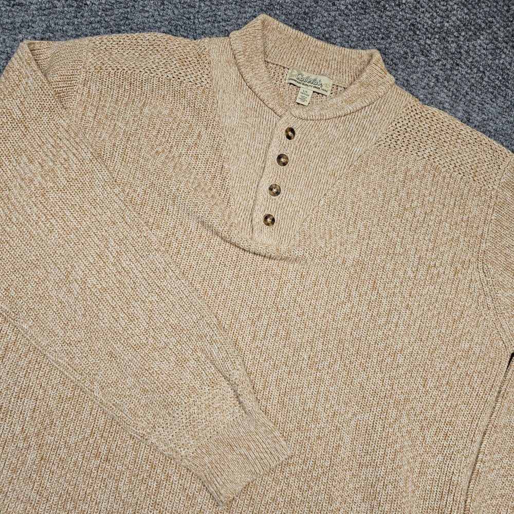 Vintage Cabelas Mens Cable Knit Henley Sweater Pullover‎ Beige Button Collar